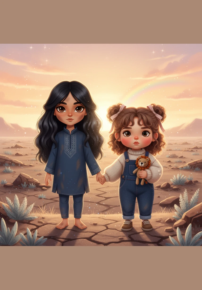 As the dawn breaks, a fresh and shimmering light washes over the wasteland, signaling the end of the storm. Hand in hand, the two sisters step out into the new day, ready to face the world as brave warriors of hope.