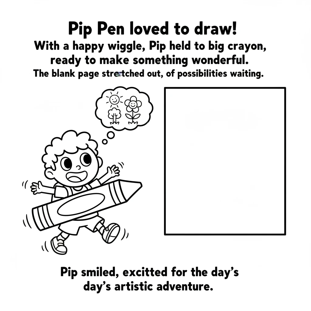 Pip Pen loved to draw! With a happy wiggle, Pip held a big crayon, ready to make something wonderful. The blank page stretched out, a world of possibi