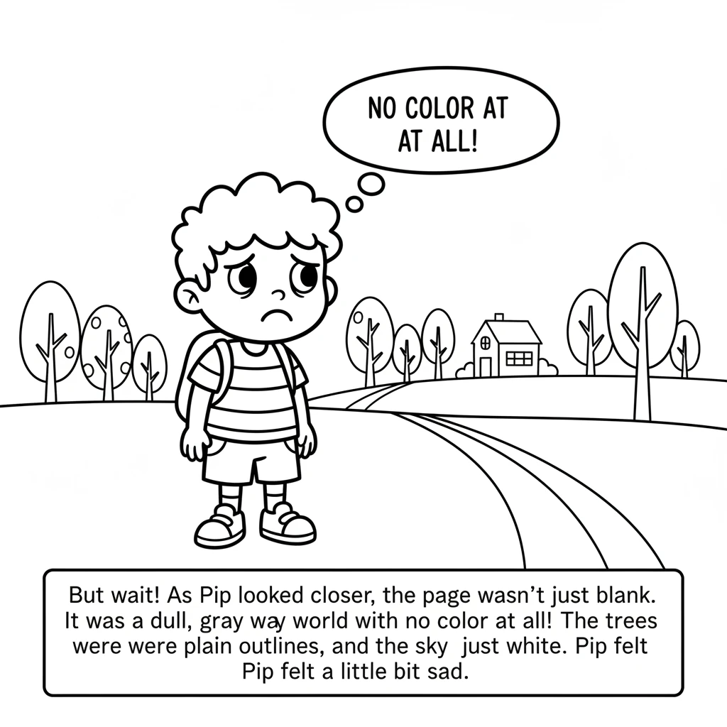 But wait! As Pip looked closer, the page wasn't just blank. It was a dull, gray world with no color at all! The trees were plain outlines, and the sky