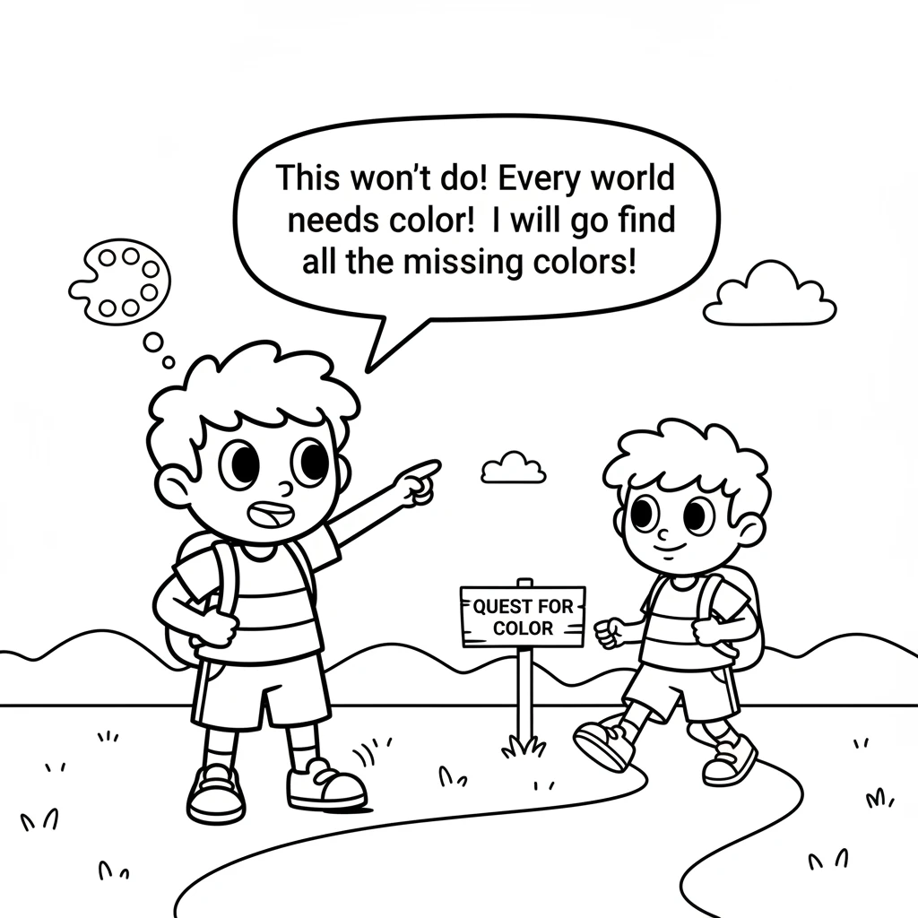 "This won't do!" Pip declared, tapping a tiny foot. "Every world needs color! I will go find all the missing colors and bring them back!" Pip bravely