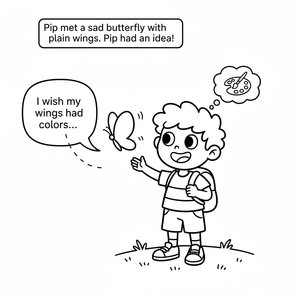 Soon, Pip met a sweet butterfly. Its wings were just plain white outlines, waiting for a splash of beauty. The butterfly fluttered sadly, wishing it h