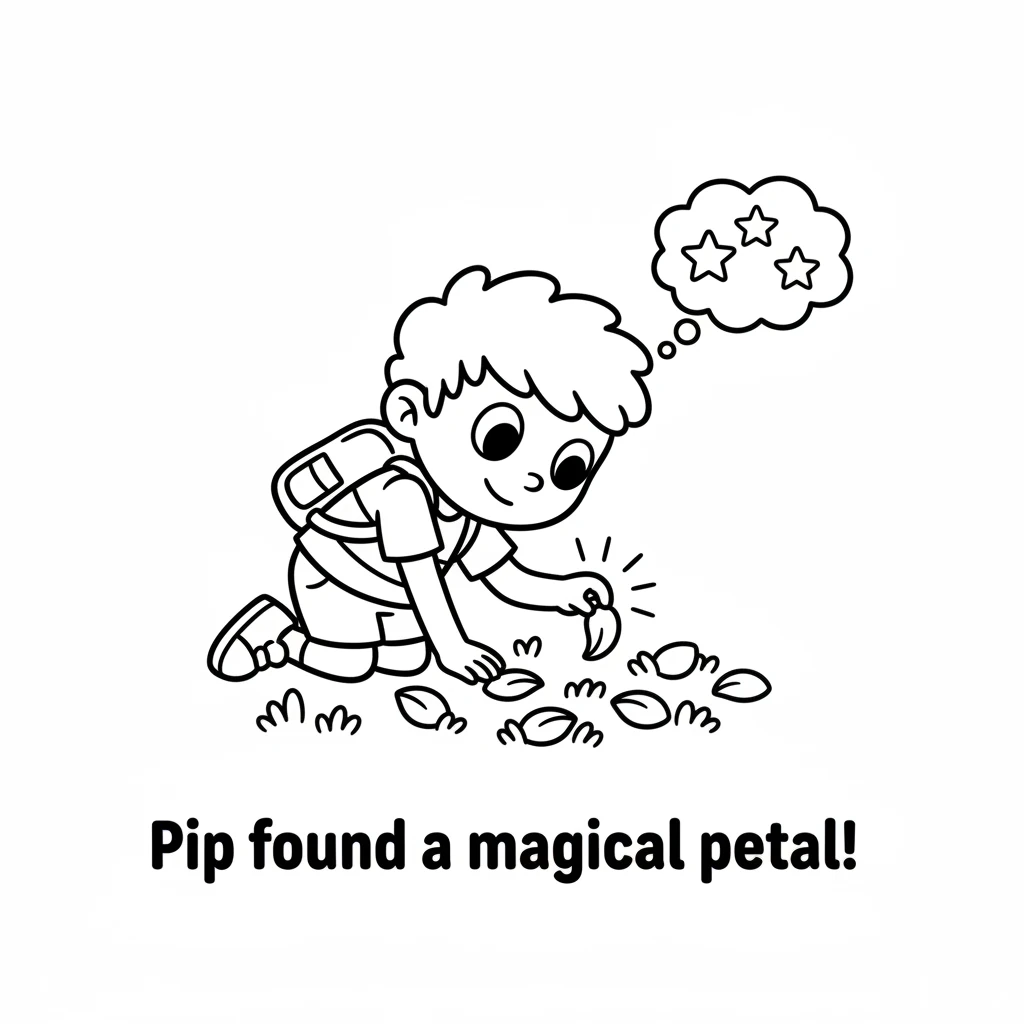 Pip searched high and low, until a tiny sparkle caught an eye. Hidden amongst plain leaf shapes was a magical flower petal, glowing with a bright, che