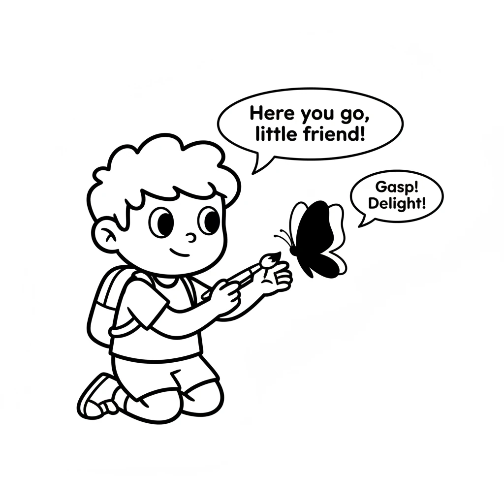 "Here you go, little friend!" Pip gently dabbed the red onto the butterfly's wings. Instantly, one wing filled with a beautiful crimson. The butterfly