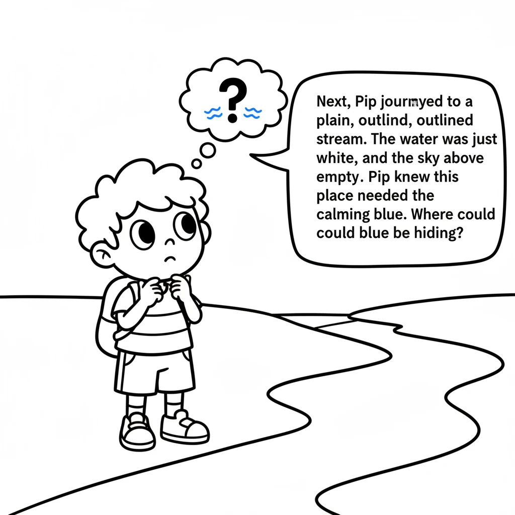 Next, Pip journeyed to a plain, outlined stream. The water was just white, and the sky above was empty. Pip knew this place needed the calming color b