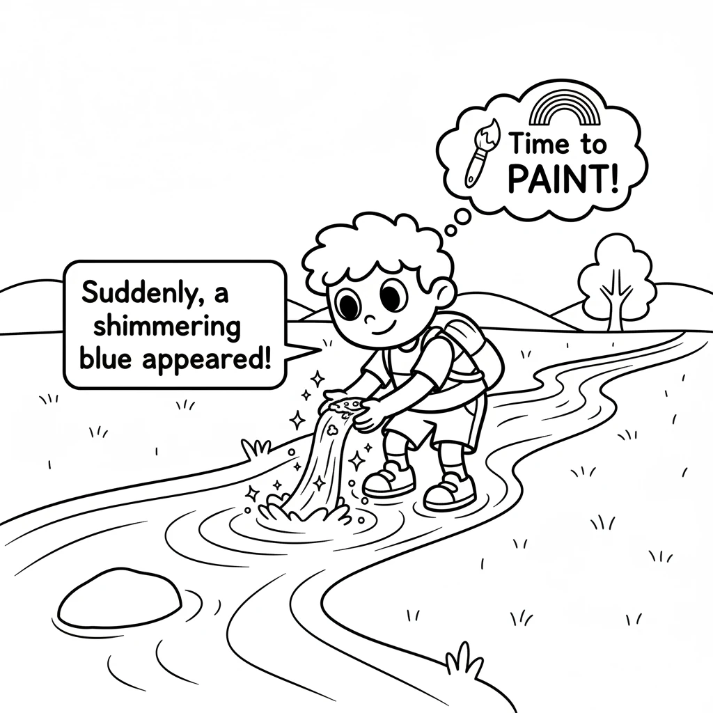 Suddenly, a shimmering blue appeared in the stream! It sparkled and swirled, ready to paint the world. Pip carefully scooped up the blue, excited to t