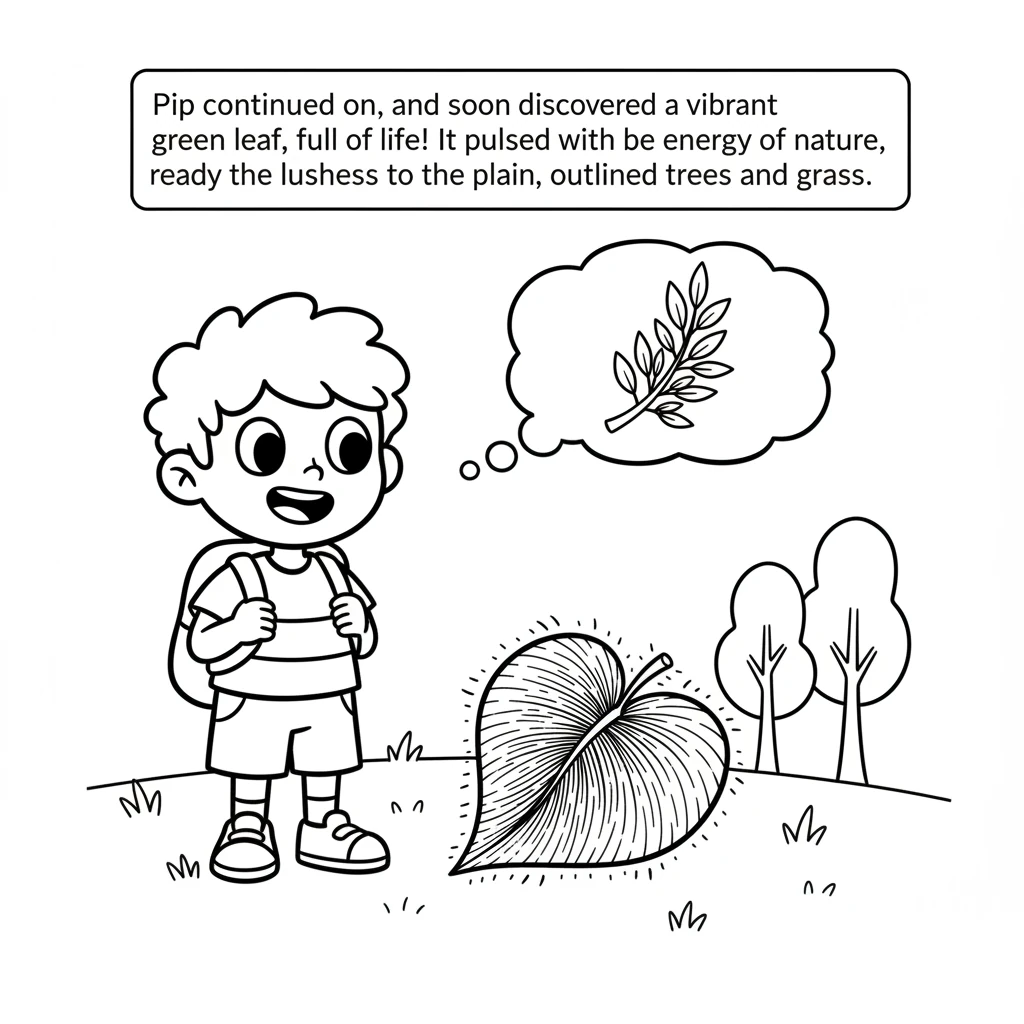 Pip continued on, and soon discovered a vibrant green leaf, full of life! It pulsed with the energy of nature, ready to bring lushness to the plain, o