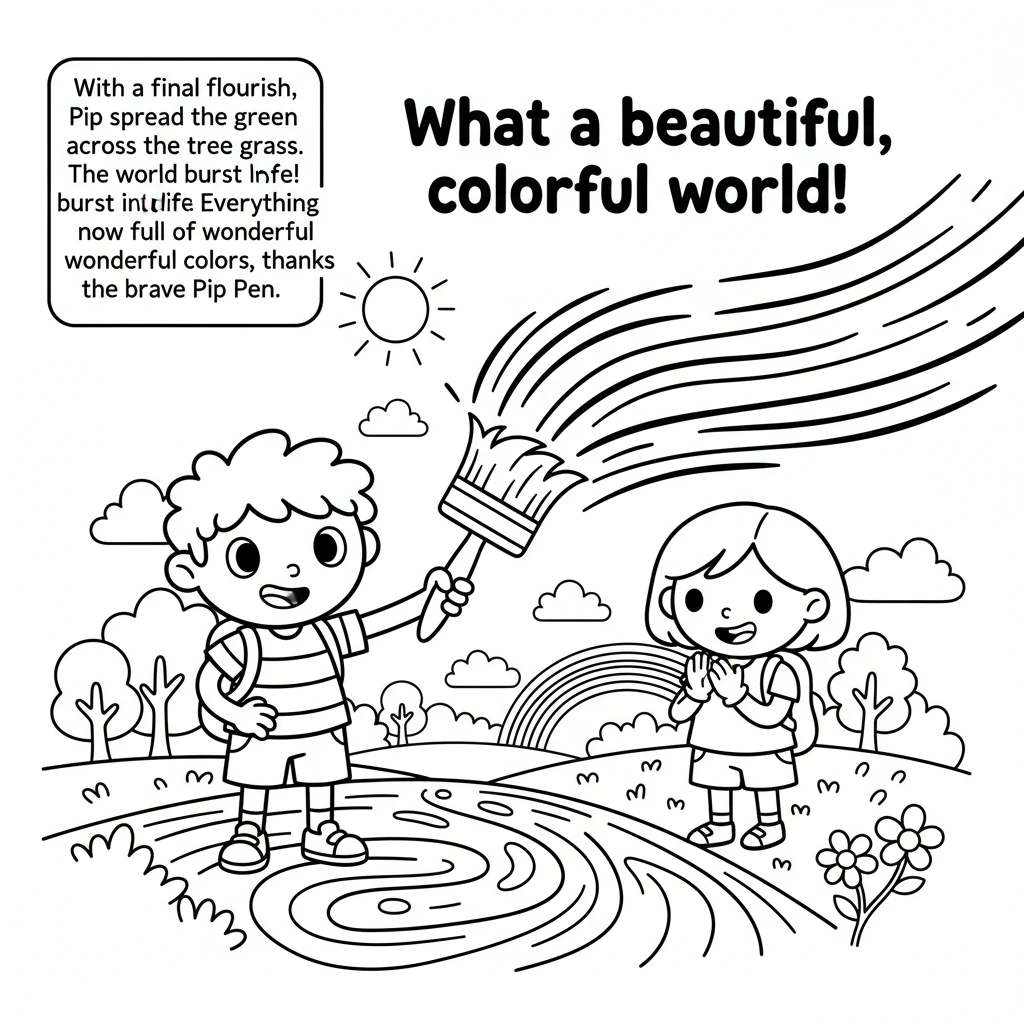 With a final flourish, Pip spread the green across the trees and grass. The world burst into life! Everything was now full of wonderful colors, thanks
