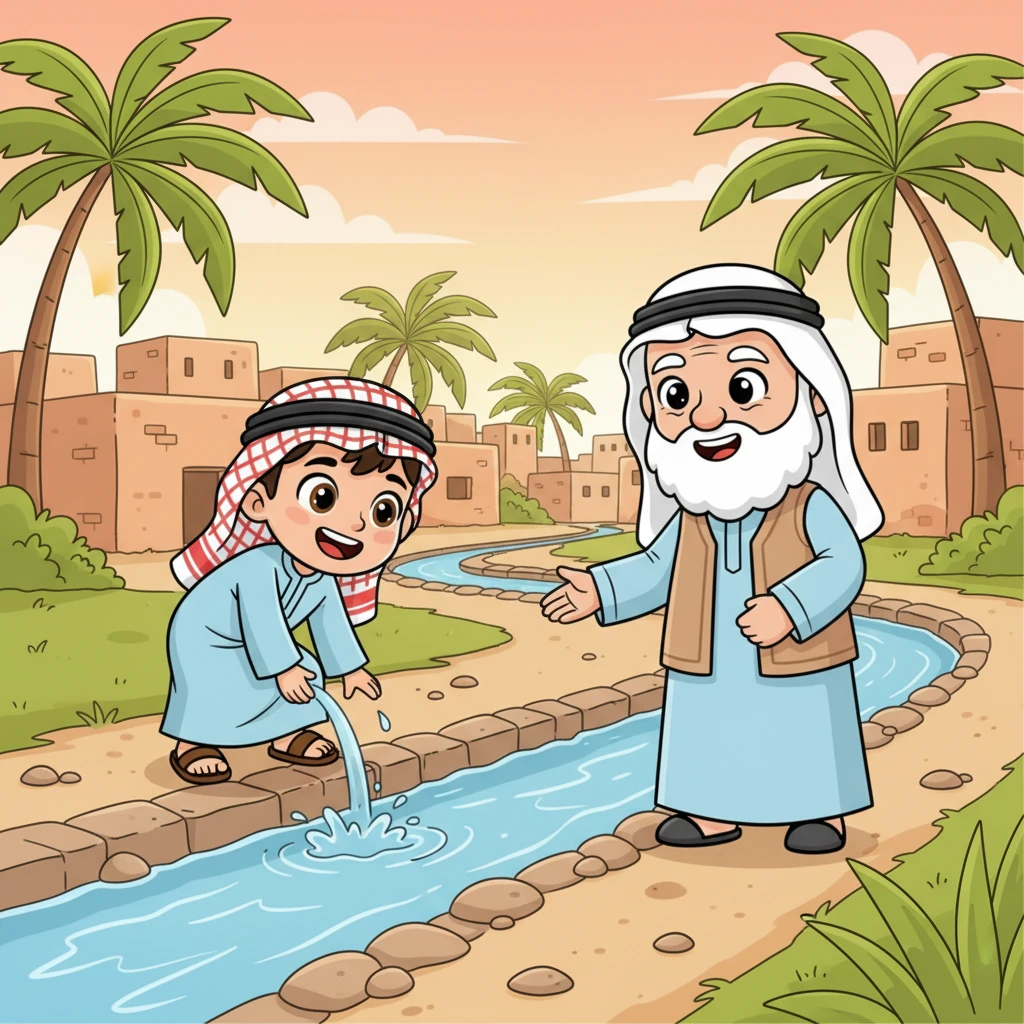 استيقظ أحمد مبكرًا على صوت خرير الماء العذب في الفلج، وشعر بحماس كبير. اليوم سيذهب مع جده إلى المزرعة في قريتهم الجميلة، وهي فرصة رائعة لاكتشاف سحر عمان القديمة.