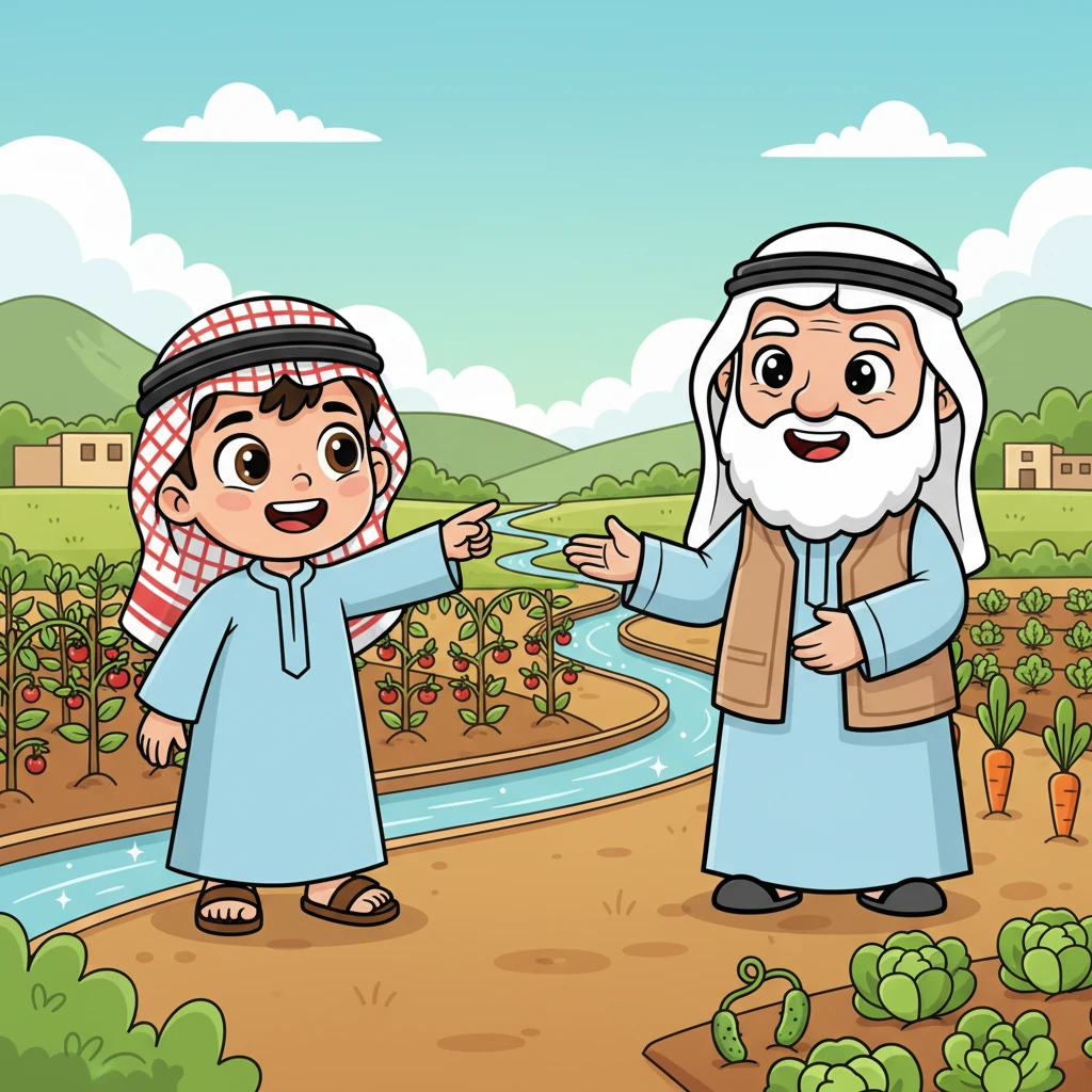 وصلا إلى المزرعة، حيث كانت حقول الطماطم والخيار والخضروات تنتظرهم. انسياب الماء الفضي بين الحقول كان مشهدًا خلابًا. ابتسم الجد وقال: هيا يا بني، لنرَ كيف تعتني الأرض بما يرويها الفلج القديم.