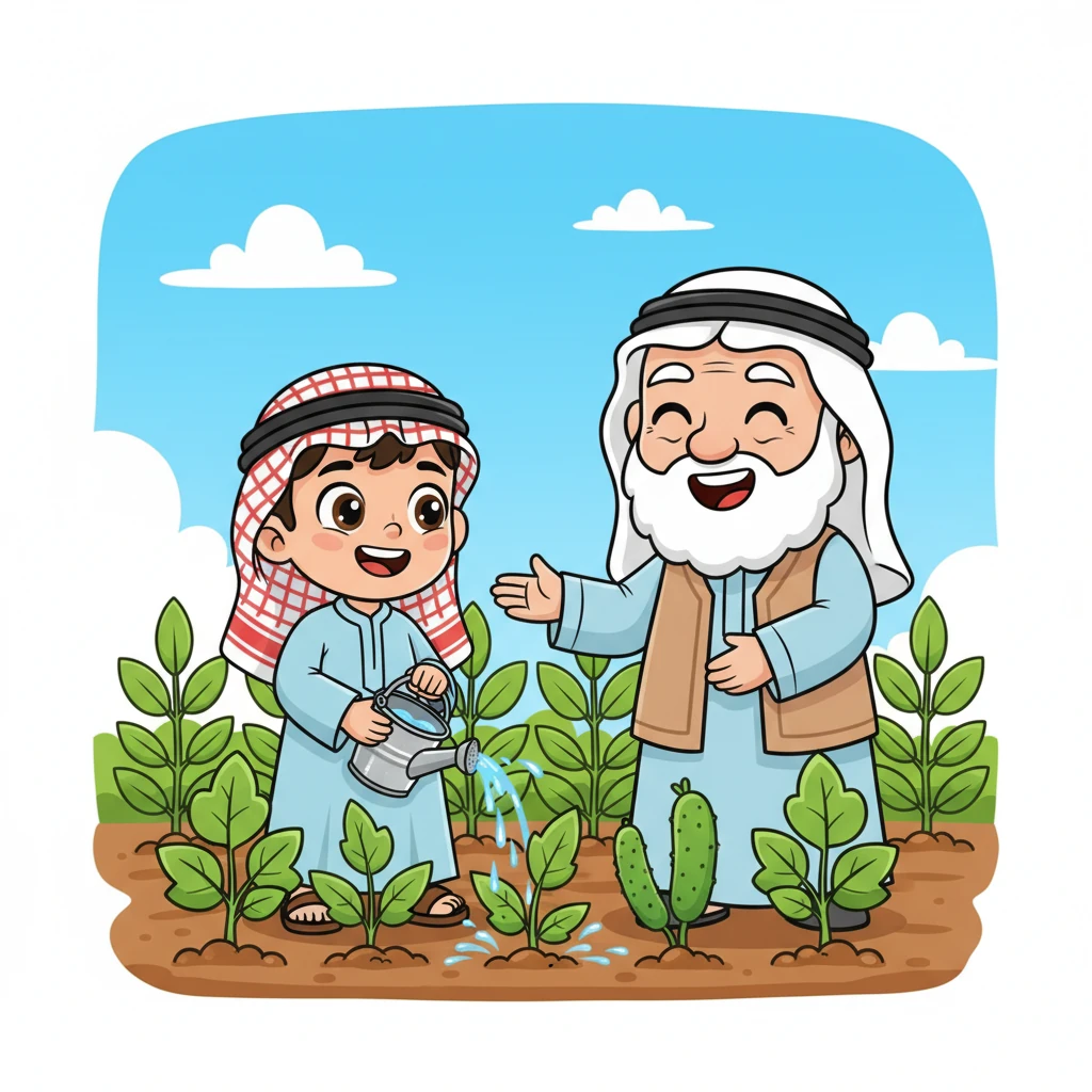 بدأ أحمد يسقي الطماطم والخيار بحماس، يحمل دلوًا صغيرًا ويضع الماء بحنان عند جذور النباتات. ضحك الجد بحب وقال: هكذا نعتني بالأرض كما اعتاد أجدادنا. شعر أحمد بالفخر وبقوة العلاقة مع الأرض.