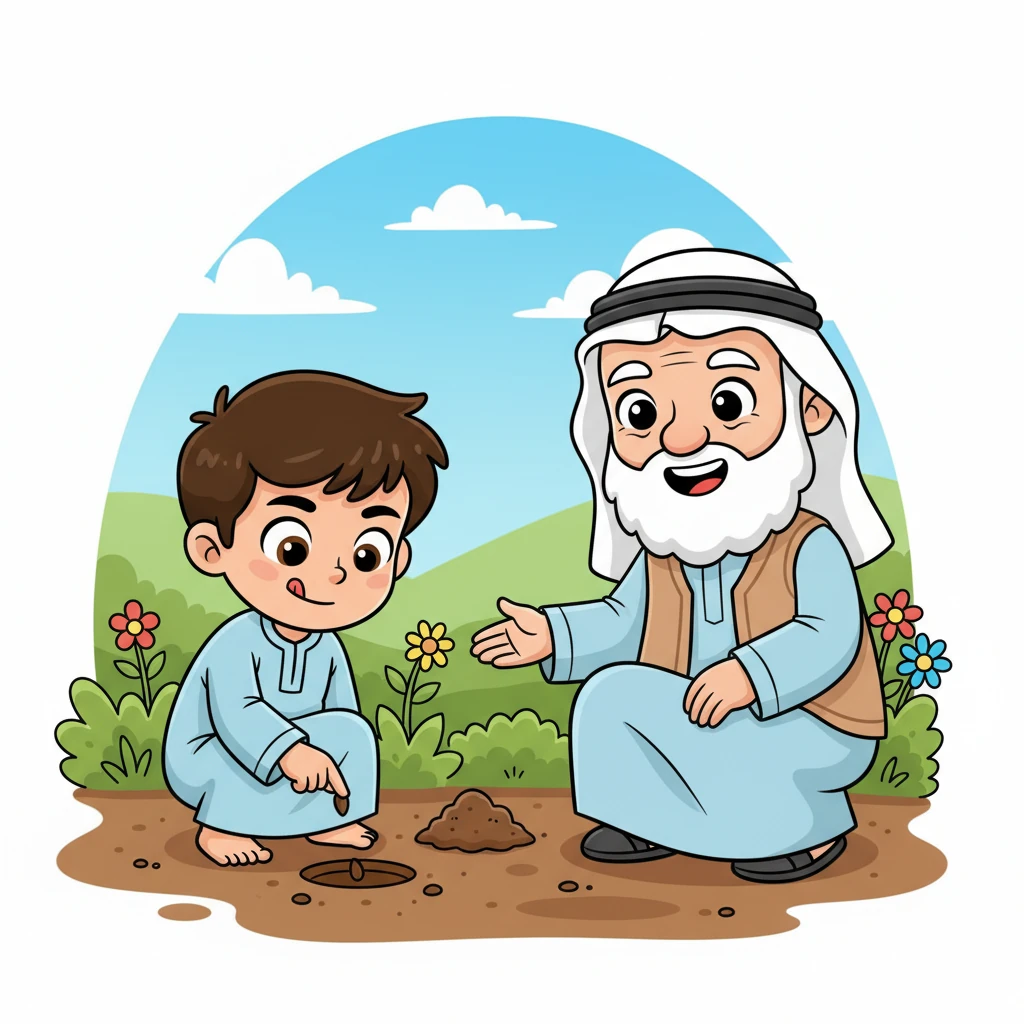 ثم زرعا البذور الجديدة في التراب الرطب، حفر أحمد حفرة صغيرة ووضع البذرة بعناية فائقة، ثم غطاها بالتراب. علمه الجد أن كل بذرة تحتاج الحب والرعاية والصبر لتنمو وتمنح خيرات أرض عمان.