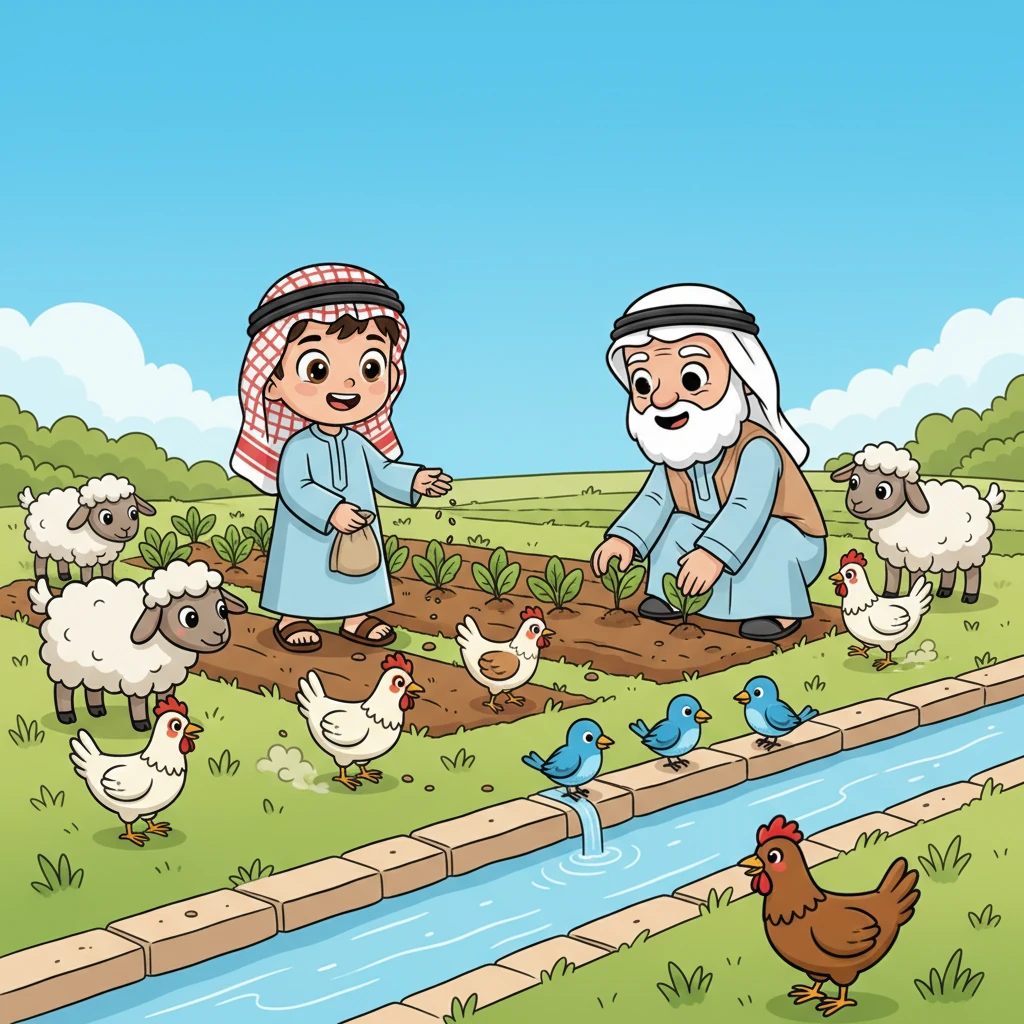 بينما كانا يعملان، اقتربت الأغنام والماعز بلطف تبحث عن العشب الطازج، والدجاج كانت تجري بسعادة بين الحقول. طيور صغيرة تقف على حافة الفلج وتشرب الماء الصافي، فتملأ المكان بالحياة.