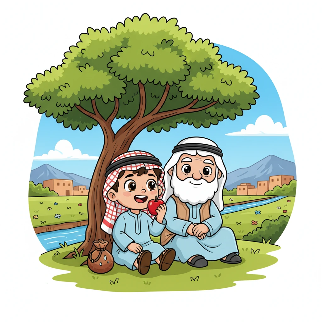 جلسا تحت ظل شجرة النبق الوارفة ليستريحا قليلًا، أكل أحمد تفاحة حمراء شهية من الحقل وشرب الماء البارد من القربة. استنشق هواء القرية النقي، وشعر بهدوء وجمال الفلج، تمامًا كما روى له جده عن عمان القديمة.