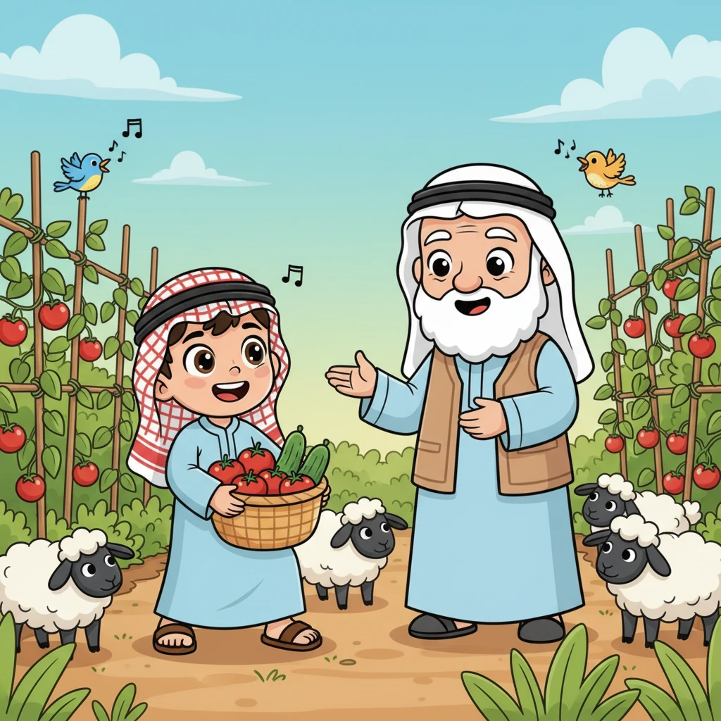 بعد الراحة، بدآ جمع الخضروات الناضجة، حمل أحمد الطماطم الحمراء اللامعة والخيار الأخضر الطازج في السلة الكبيرة. كانت الأغنام تتابعهما بخفة والطيور تغني حولهما، فشعر بسعادة غامرة لمساعدته في هذا العمل التقليدي.