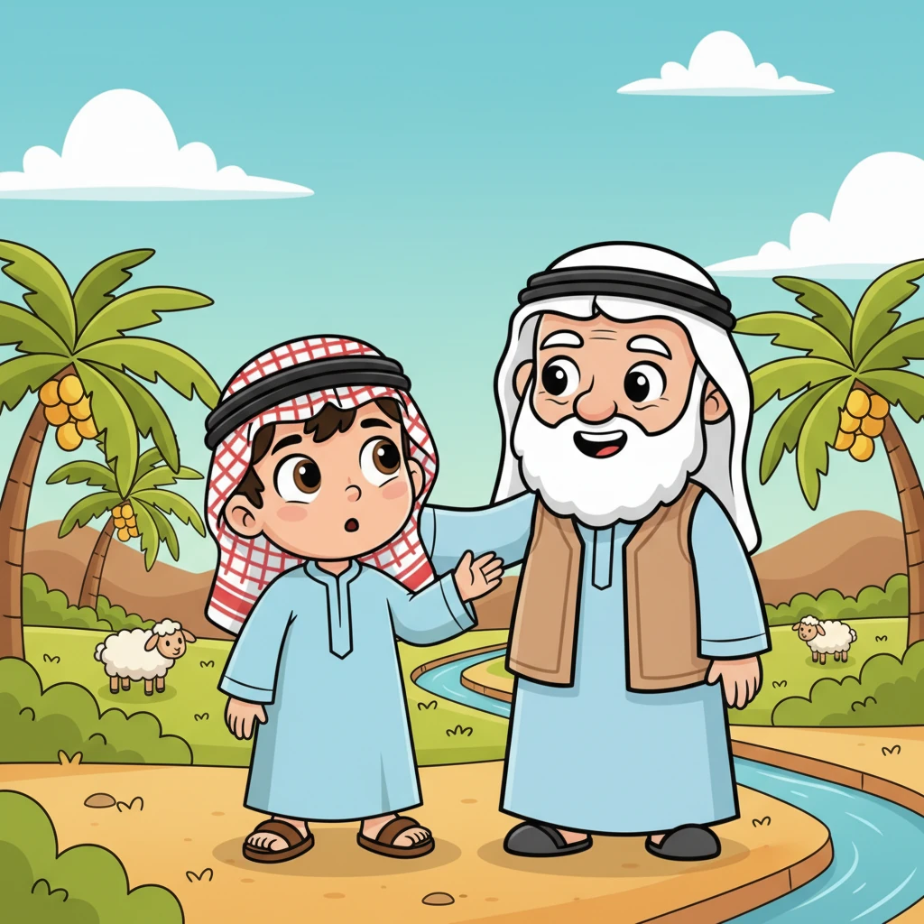 قبل المغادرة، نظر الجد إلى أحمد بحكمة وقال: الأرض تمنحنا طعامًا وفيرًا، والمواشي والفلج يكملان الحياة هنا. هكذا عاش أجدادنا وعمان باقية بخيراتها. فهم أحمد كلامه ووعد نفسه أن يعتني بالأرض دائمًا.