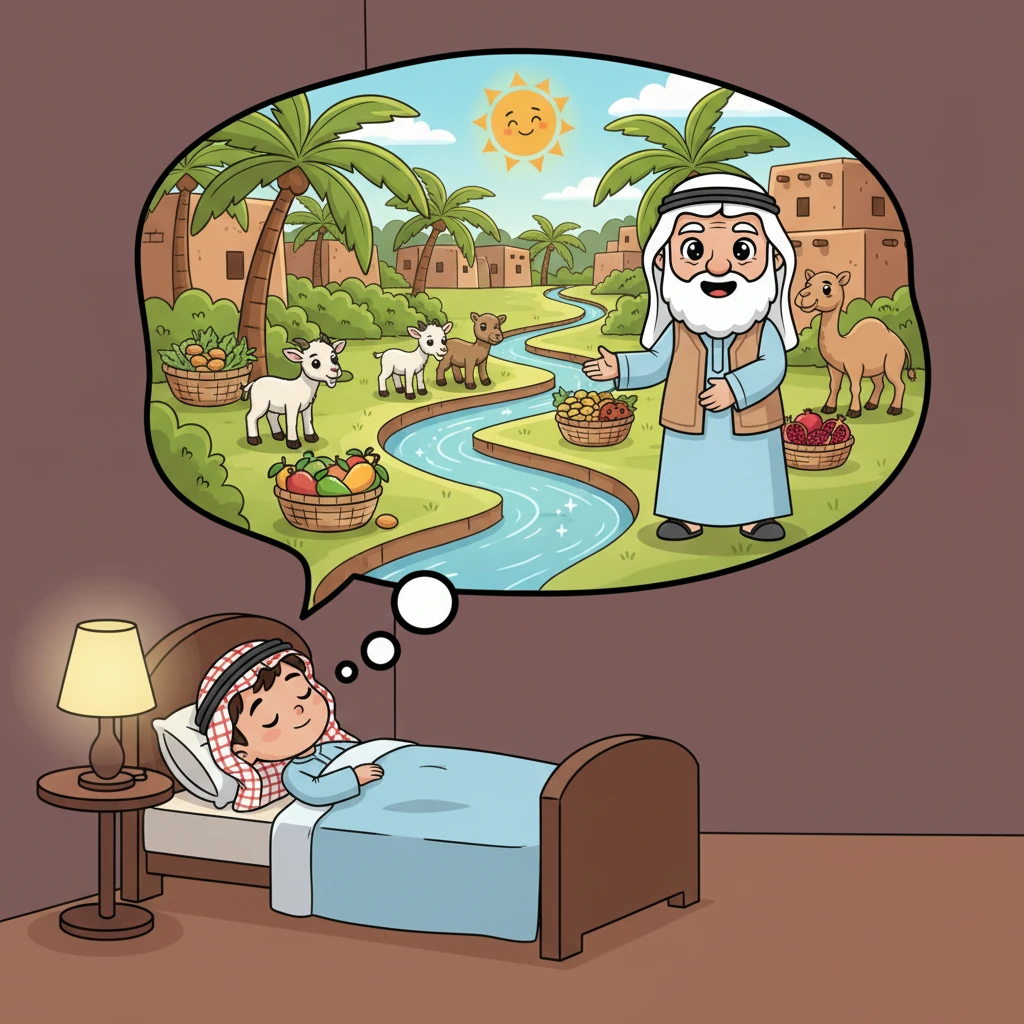 نام أحمد تلك الليلة وهو يحلم بالفلج المتدفق، وبضحكة جده الدافئة، وبخيرات أرض عمان. أدرك أن حب الفلج والحيوانات والأرض وحياة قريته هو حب لقصة عمان العريقة، قصة الأرض الخالدة.