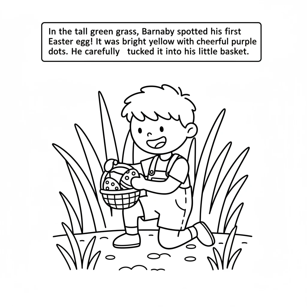 In the tall green grass, Barnaby spotted his first Easter egg! It was bright yellow with cheerful purple dots. He carefully tucked it into his little