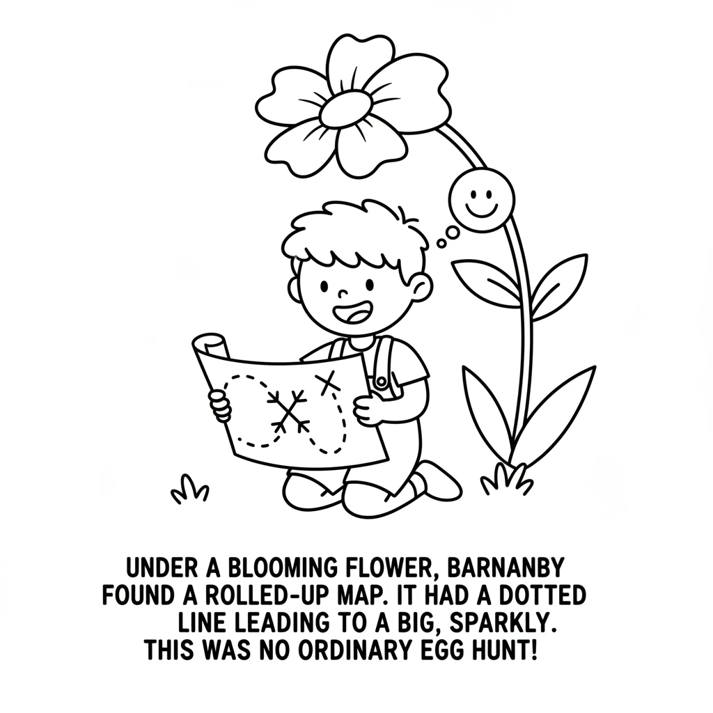 Under a blooming flower, Barnaby found a rolled-up map. It had a dotted line leading to a big, sparkly X. This was no ordinary egg hunt!