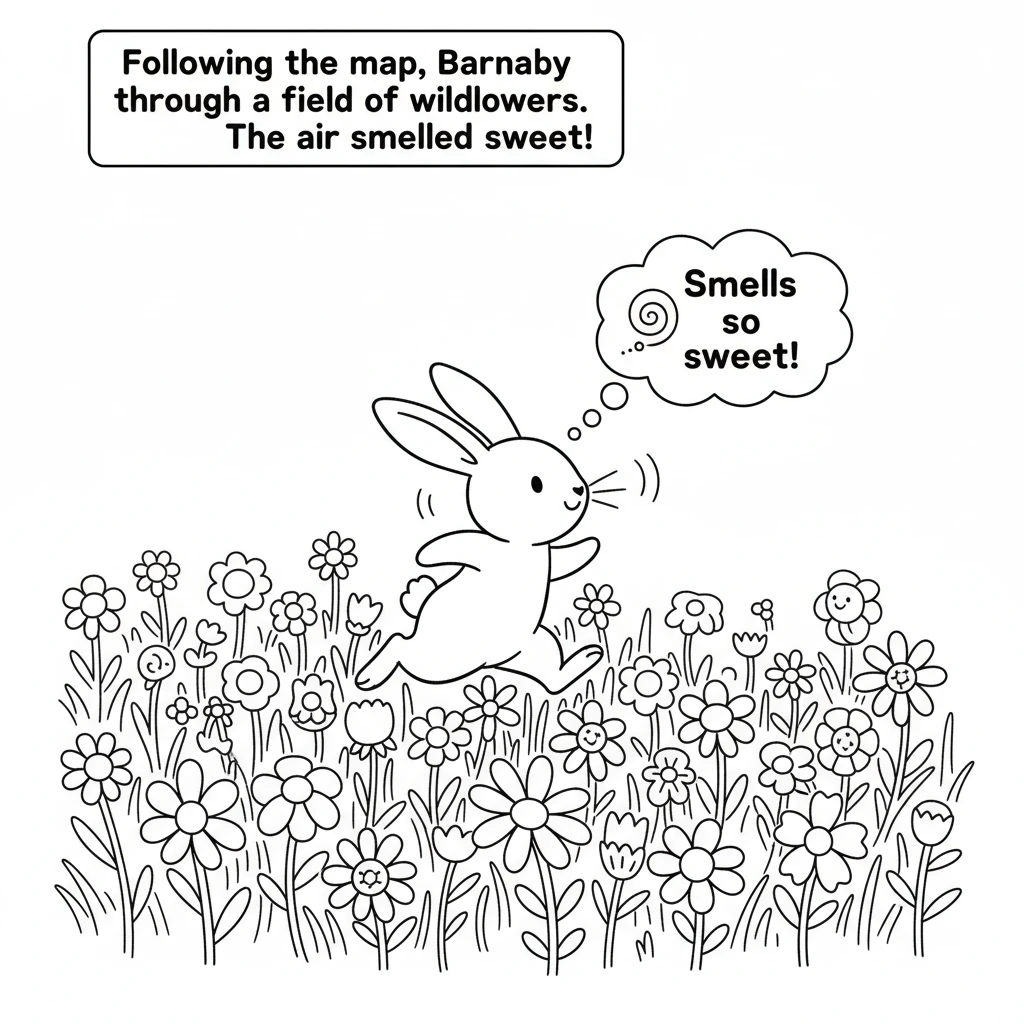 Following the map, Barnaby hopped through a field of cheerful wildflowers. Pink, blue, and yellow petals brushed his whiskers as he went. The air smel