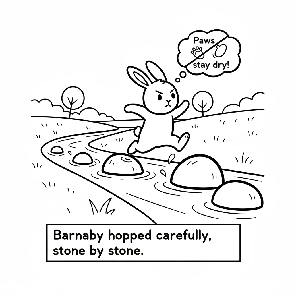 Next, the map led Barnaby to a sparkling stream. He carefully hopped from one smooth stone to another, making sure not to get his paws wet. The water