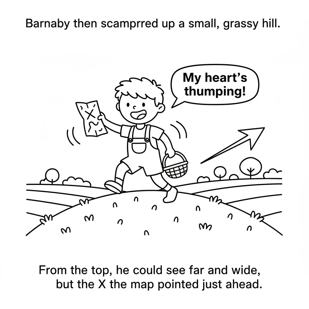 Barnaby then scampered up a small, grassy hill. From the top, he could see far and wide, but the X on the map pointed just ahead. His heart thumped wi