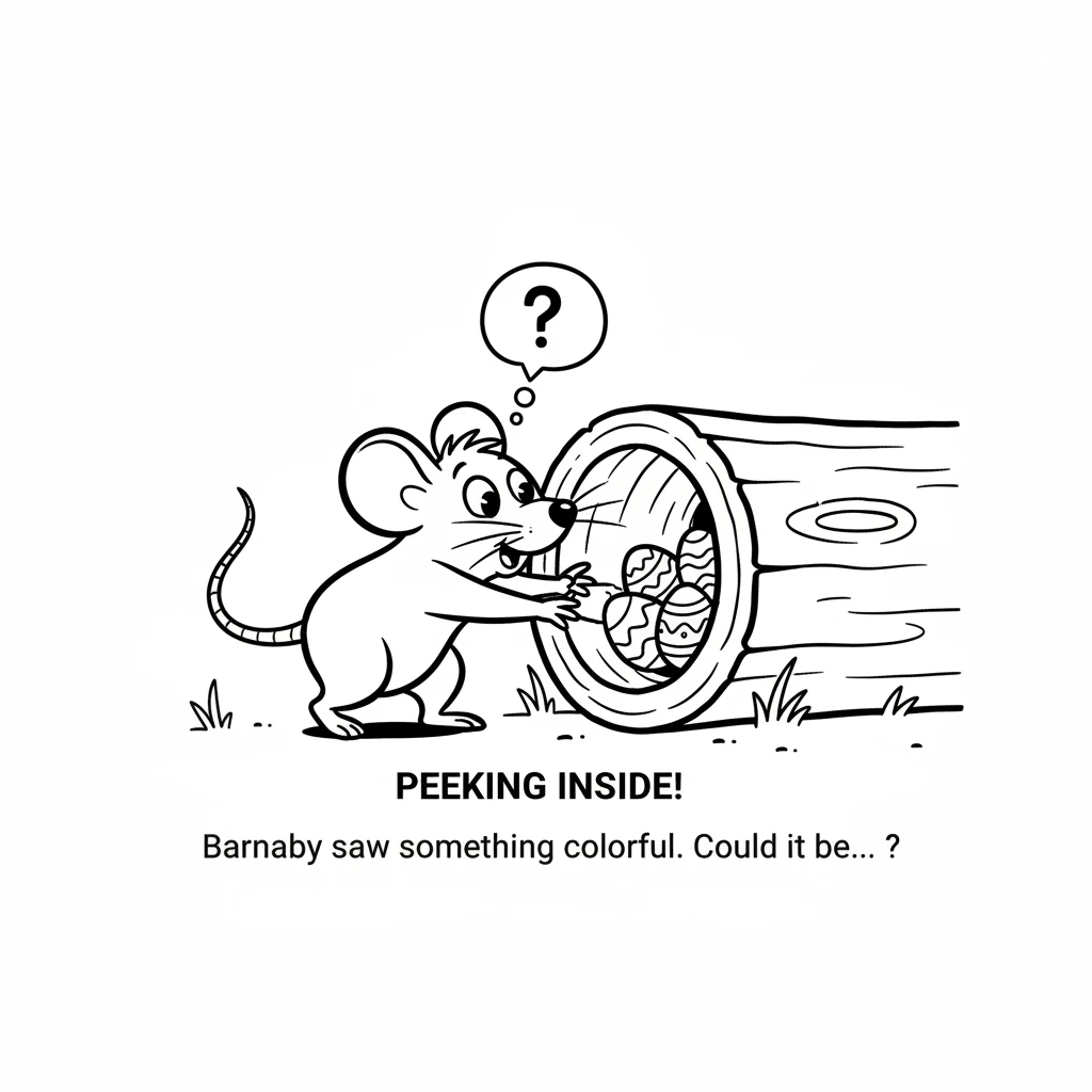 Peeking into a hollow log, Barnaby saw something round and colorful. Could this be it? He carefully reached inside, his whiskers twitching with antici