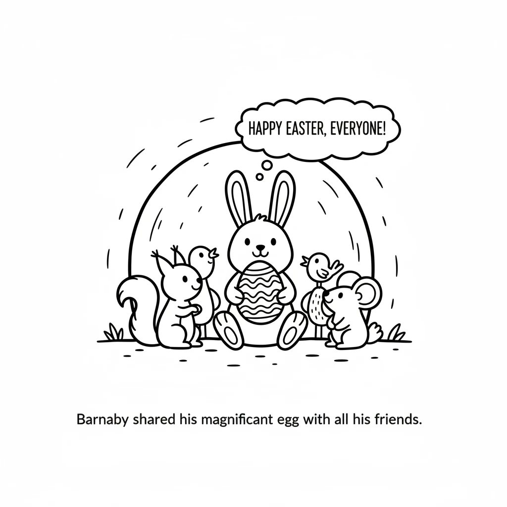 Back at his burrow, Barnaby shared his magnificent rainbow egg with all his friends. They gathered around, their eyes wide with wonder, happy to celeb