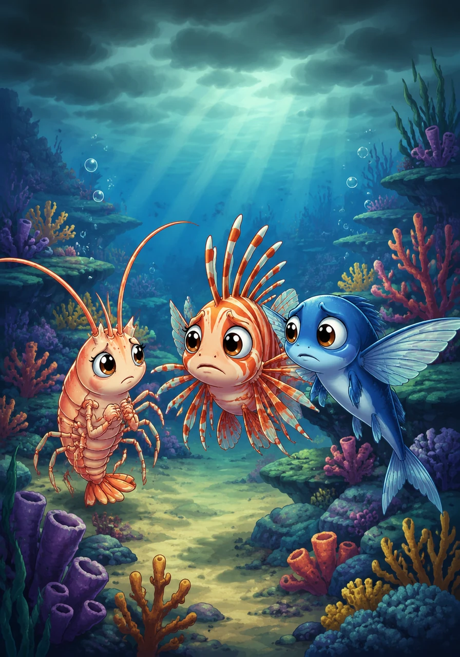 Deep beneath the shimmering waves, Sera the shrimp, Lior the lionfish, and Aven the flying fish gather in a sun-drenched coral reef. The water feels unusually thick and heavy today, casting a shadow of worry over their colorful home.