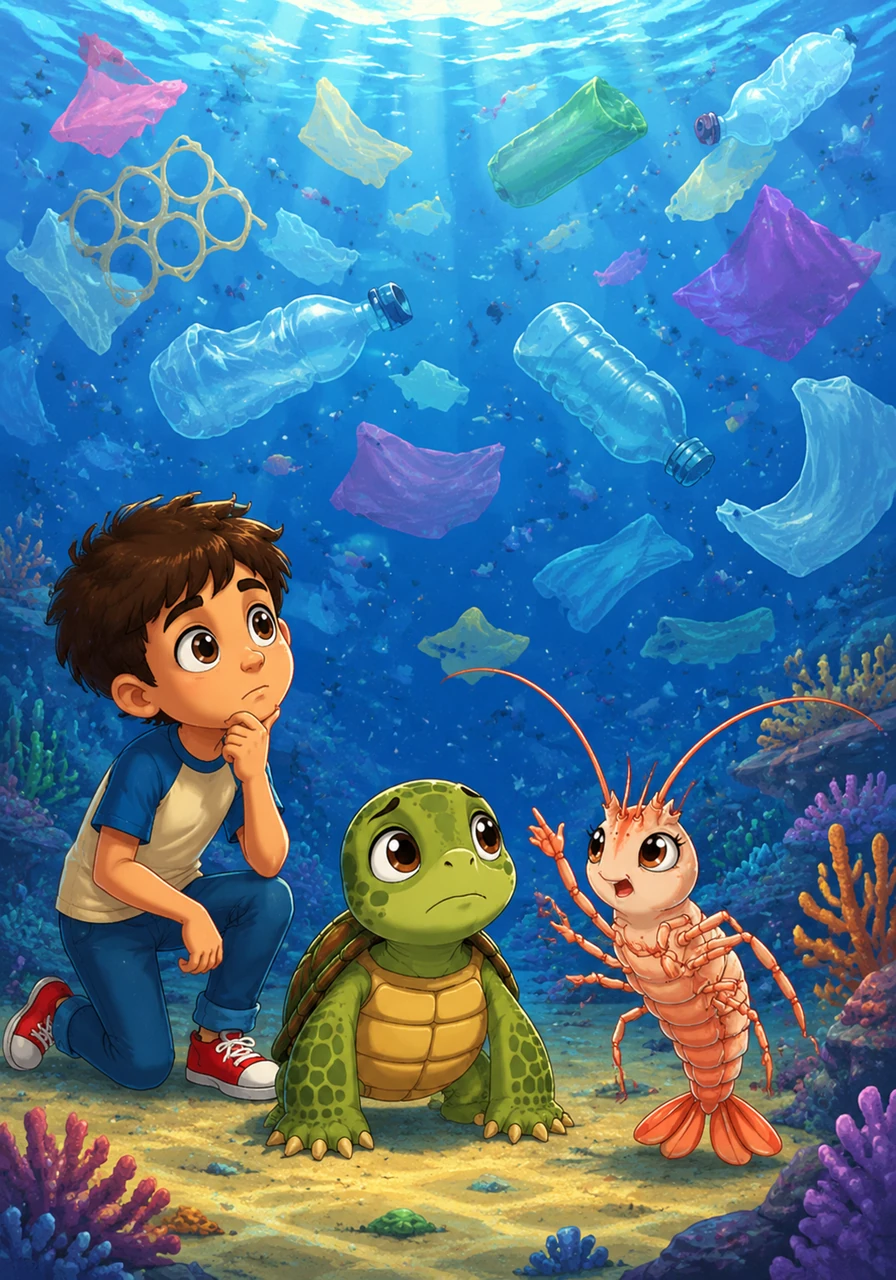Aven describes his flight above the surface, telling his friends about the strange floating objects clogging the currents. Brightly colored plastics and discarded bottles drift like ghosts through the once-clear blue water, threatening the harmony of the reef.