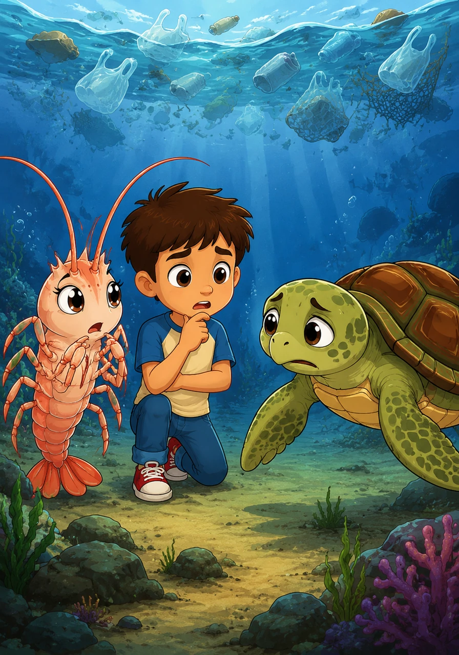 Nina the shy sea turtle swims slowly into the group, her face filled with concern as she hears about the spreading waste. The friends realize that their peaceful sanctuary is under threat from the world above, and they must find a way to stop the pollution.
