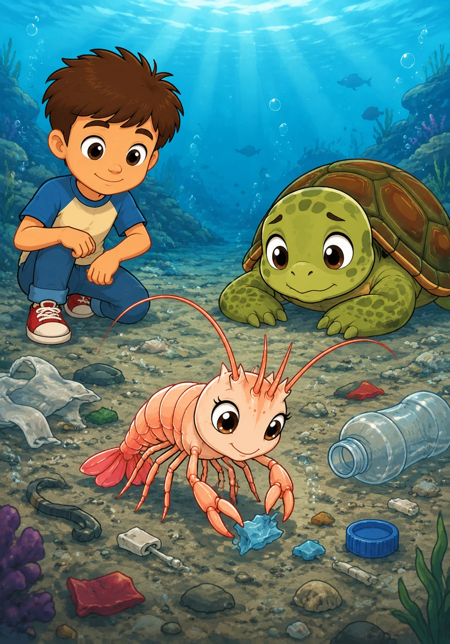 Determined to make a difference, Sera begins to gather small pieces of debris with her tiny claws. Even though she is small, her heart is full of courage as she starts the monumental task of cleaning the vast ocean one piece at a time.