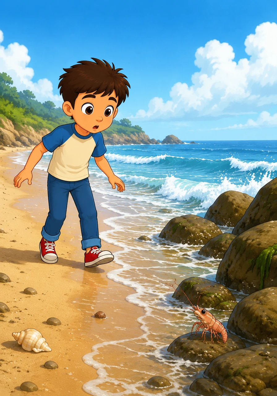 On the sandy shore, a curious boy named Michael walks along the tide line, enjoying the salty breeze and the sound of the crashing waves. He stops in his tracks when he spots something unusual moving near the water's edge among the rocks.