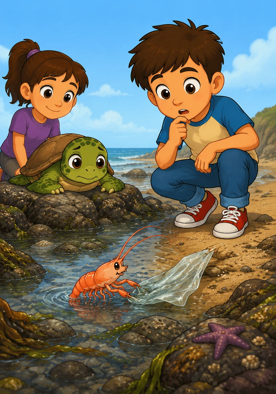 Michael watches in amazement as a tiny shrimp diligently pulls a plastic wrapper out of a tide pool and moves it toward the shore. He realizes that the creatures of the sea are working harder to protect their home than the people who visit it.