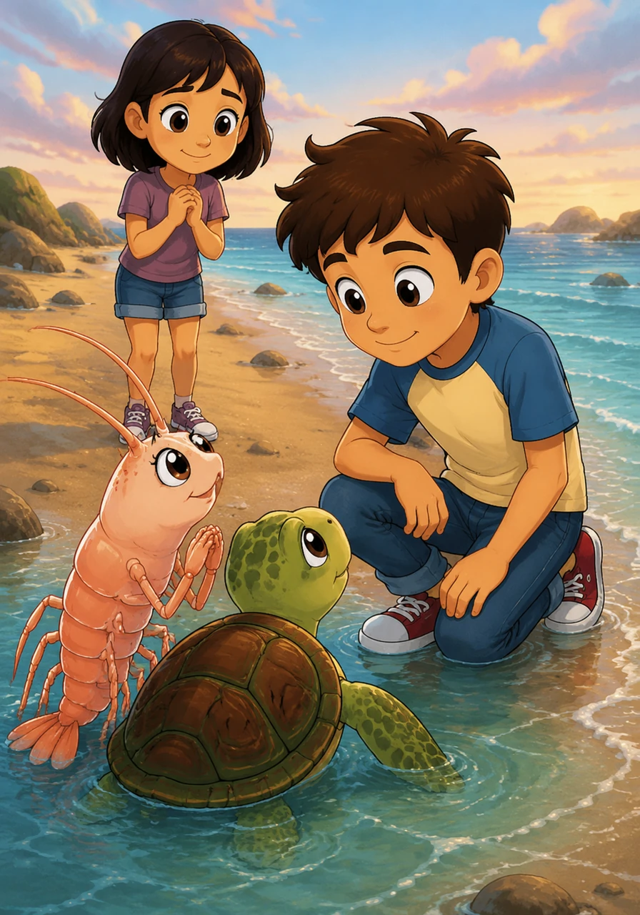Sera and her friends approach the shallow water to speak with Michael, their eyes pleading for understanding. The boy kneels down on the wet sand, coming face-to-face with the magical residents of the deep who have found their voice.