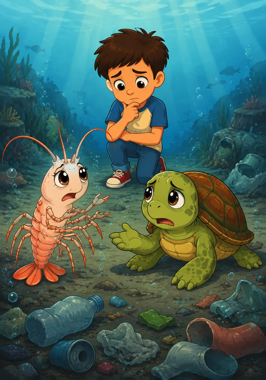 Lior and Nina explain how the rubbish left behind by humans hurts their families and poisons the water they breathe. Michael listens intently, feeling a deep sense of responsibility and sadness for the damage caused by his own kind.