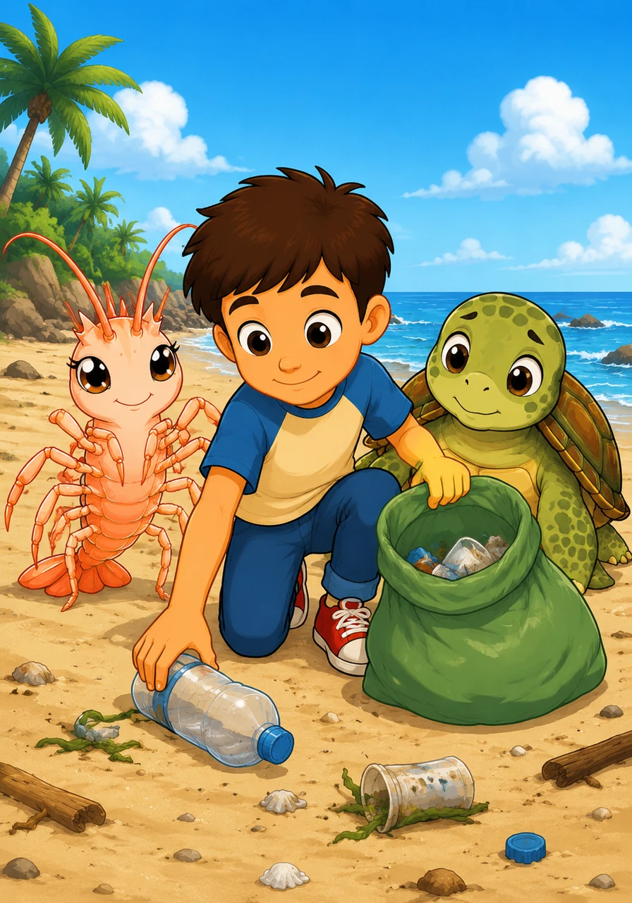 Michael promises his new friends that he will change his ways and teach everyone he knows to respect the ocean. He begins by picking up a discarded bottle on the beach, his first step toward a cleaner future and a promise kept to the sea.
