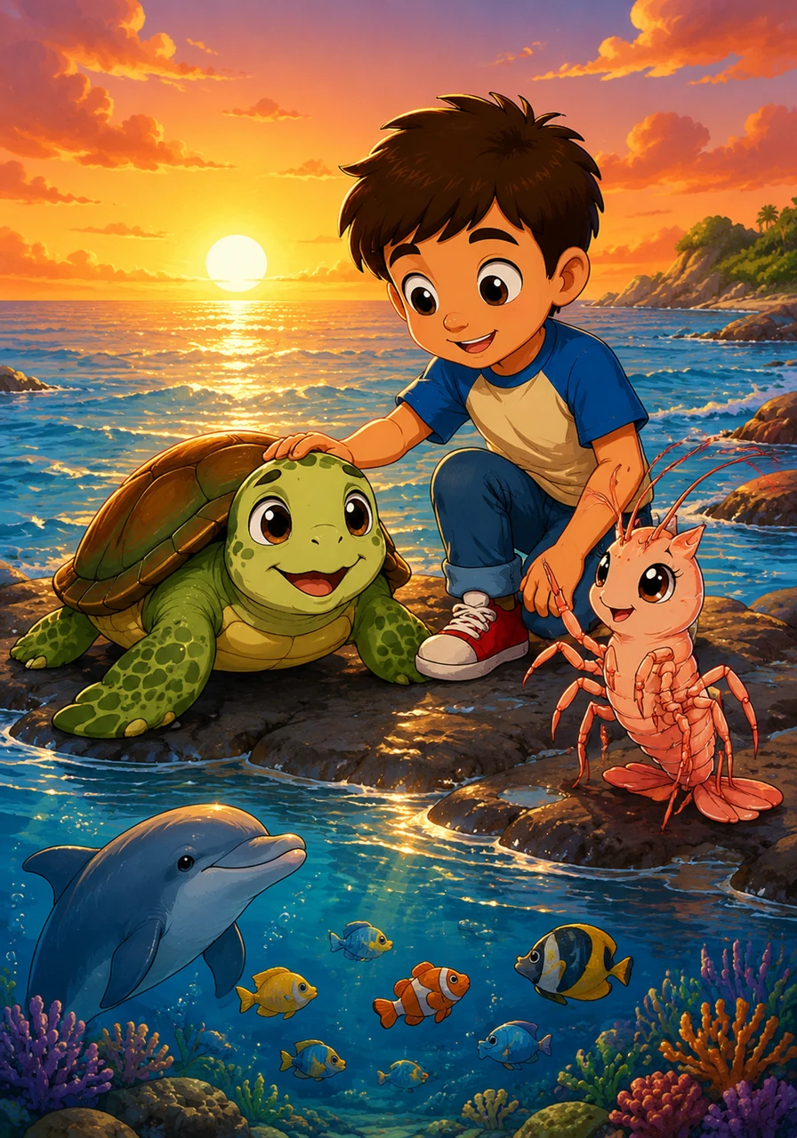The sun sets over a sparkling, cleaner ocean as Michael and the sea creatures share a moment of hope and unity. Together, they have started a movement to protect the blue heart of the world, proving that even the smallest hands can save the planet.