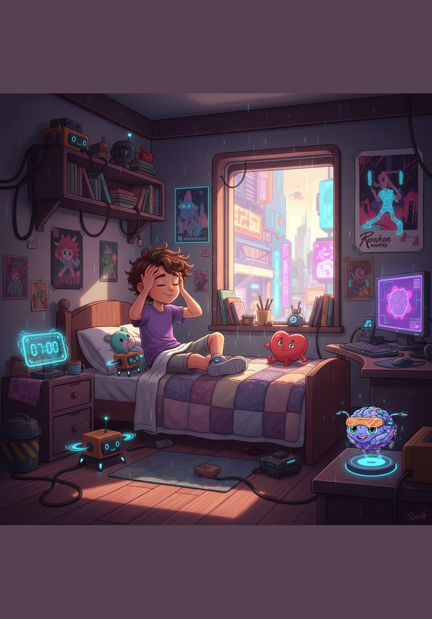 Meet Jordan! Jordan is just like you—full of energy, ideas, and big plans for the day. Inside Jordan’s body, five amazing systems are getting ready to work together as Jordan wakes up in a cozy bedroom filled with morning light while tiny icons of a heart and brain peek out with smiles.