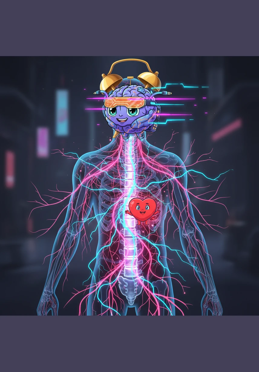 Good morning! Jordan’s nervous system is the first to wake up as the brain, wearing a silly alarm clock hat, sends fast messages called impulses through neurons and nerves. Down the glowing spinal cord they go, acting like tiny lightning bolts telling every part of Jordan’s body to wake up and get ready.