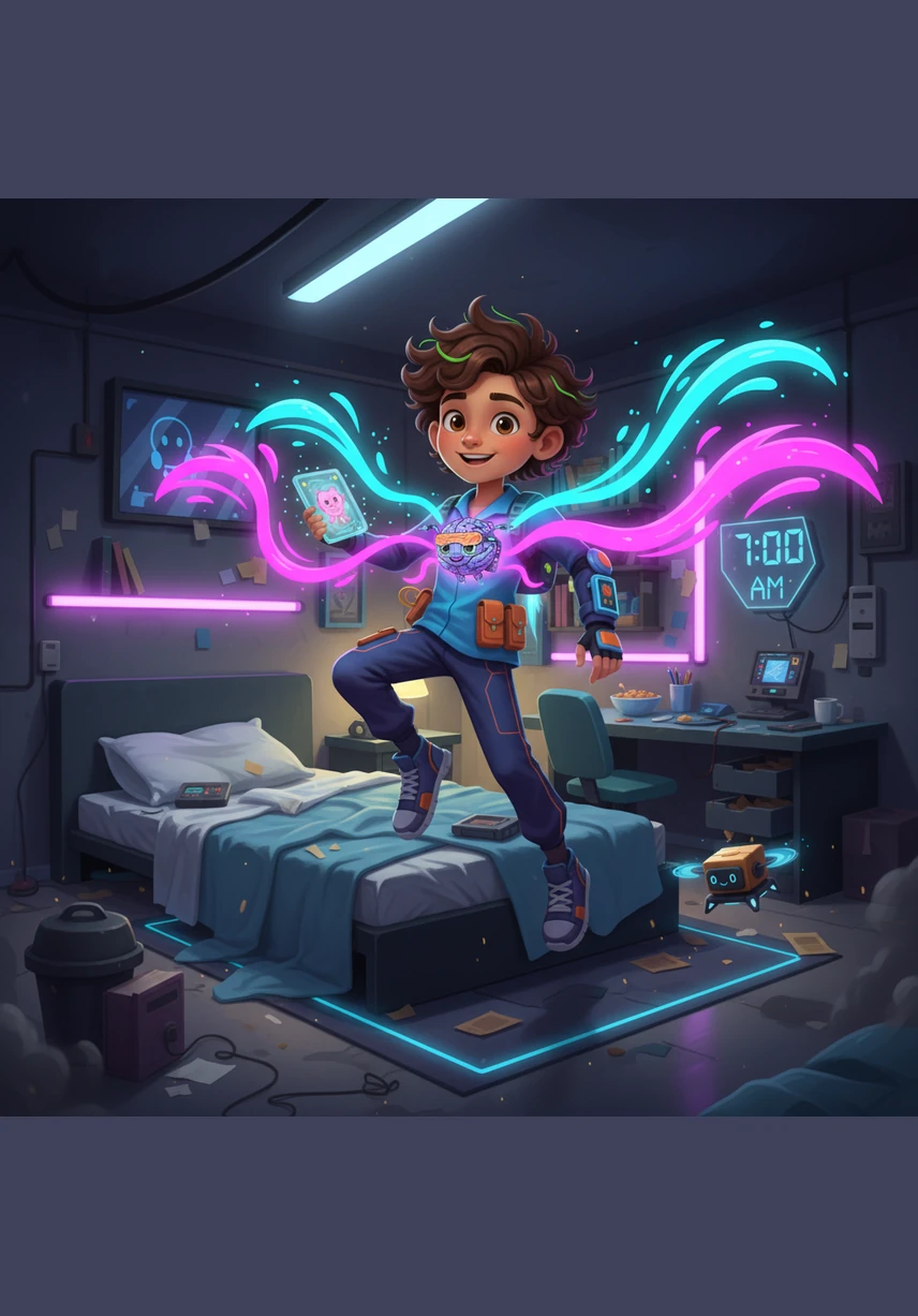 Jordan jumps out of bed and now the circulatory system speeds up to keep pace with the morning rush. A happy, personified heart pumps blood through a network of colorful tube-like roads, carrying oxygen in red blood cells so Jordan can move, think, and play with boundless energy.