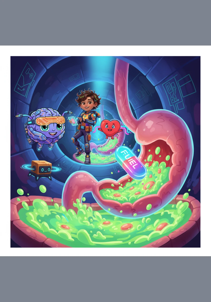 It is finally time for breakfast, and the digestive system gets straight to work on the morning fuel. Food slides down a colorful esophagus like a fun park ride, reaching the stomach where enzymes break it down so the small intestine can absorb all the nutrients Jordan needs.
