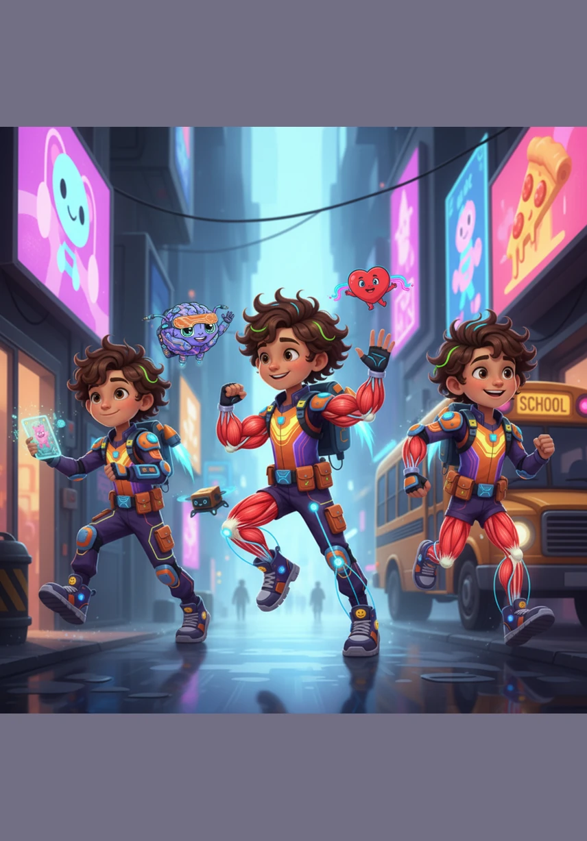 Jordan heads out the door, using the muscular system to make every movement possible. Strong cartoon muscles flex and pull on tendons like strings on a puppet, helping Jordan walk, wave to friends, and run toward the school bus with a big smile.