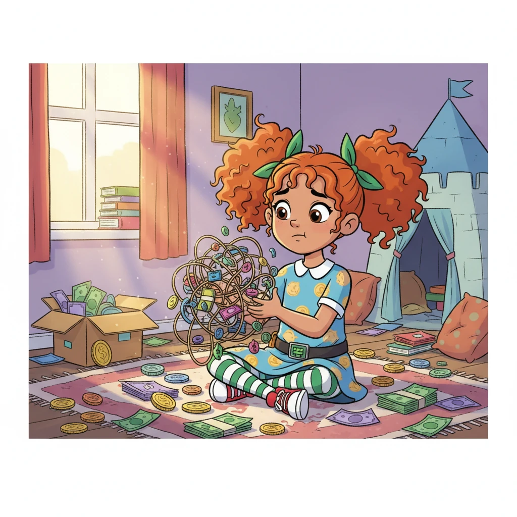 Penny Smart sat surrounded by colorful bills and coins, a puzzled look on her face. Her room was a cheerful mess, but her money felt like a tangled yarn ball, with no clear beginning or end. She wished there was a simple way to know where her hard-earned allowance went each week.