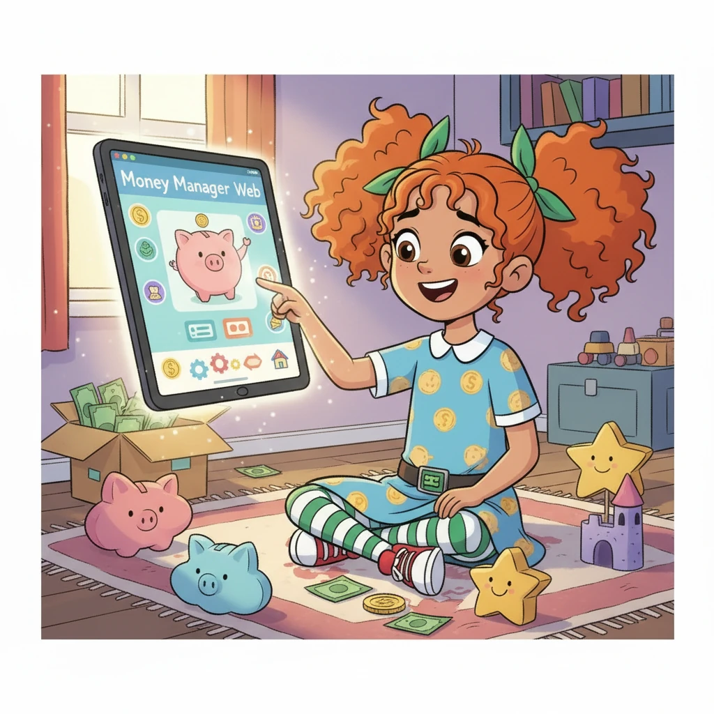 With a click and a whir, Penny discovered the 'Money Manager Web'! It was a whimsical, cartoon-styled website, filled with friendly icons and inviting colors. A little animated piggy bank waved hello from the screen, promising to help her organize everything.