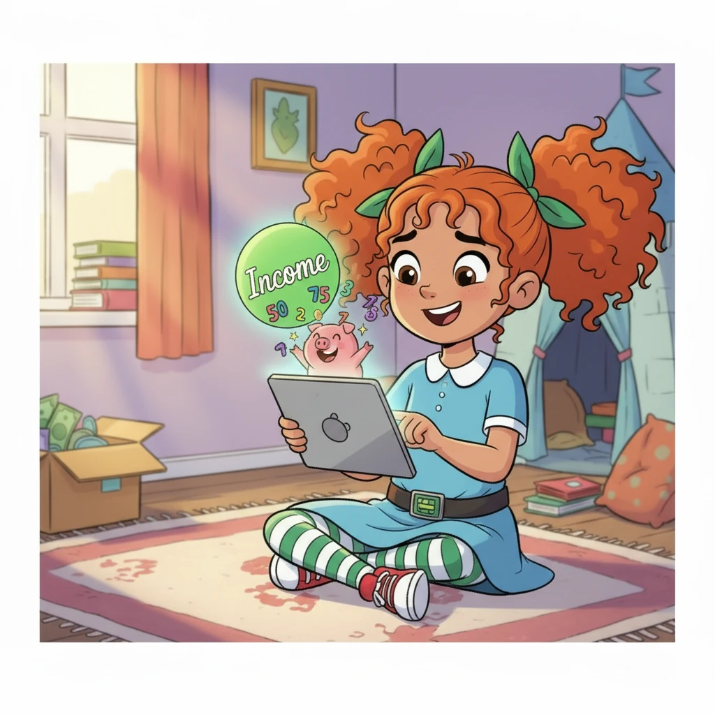 First, Penny entered her income. She typed in the allowance she earned from helping her parents, and the numbers happily bounced into a green 'Income' bubble. The piggy bank on the screen cheered, its eyes sparkling with approval.