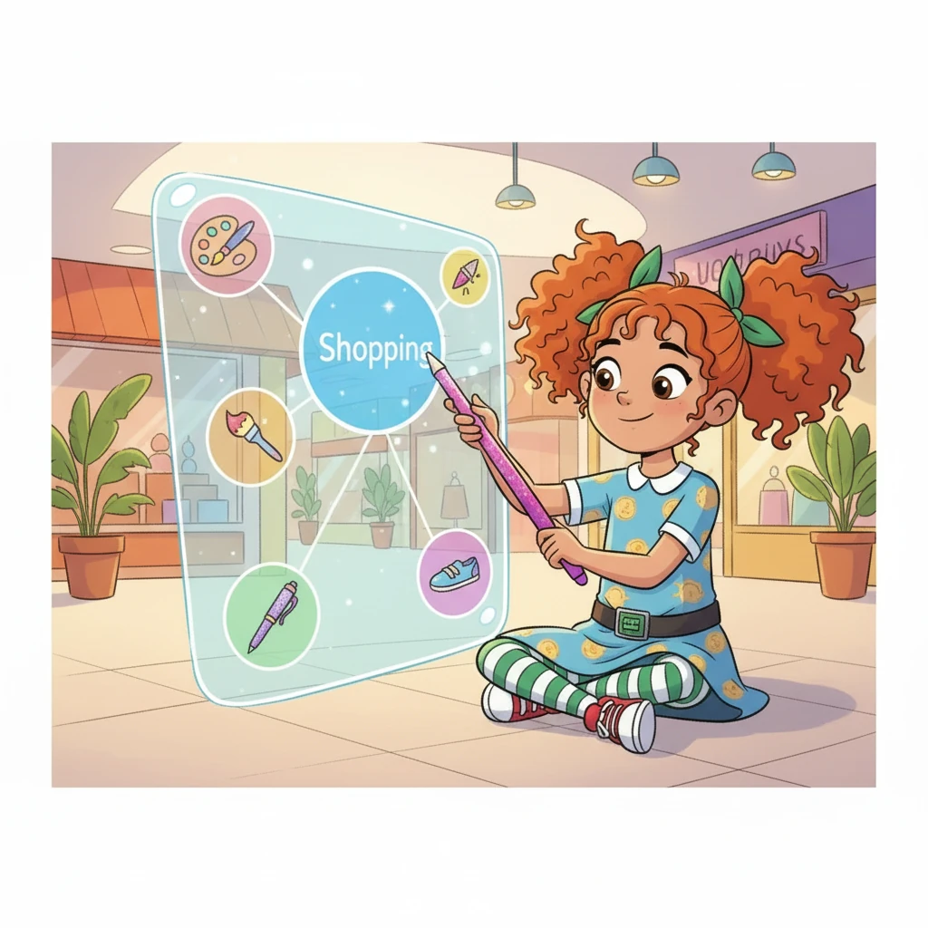 Next, it was time for shopping. Penny remembered buying a new art set and a sparkly pen. With a simple tap, she categorized her purchases, watching as the 'Shopping' bubble grew a little bigger. The web tool made it easy and fun to keep track.