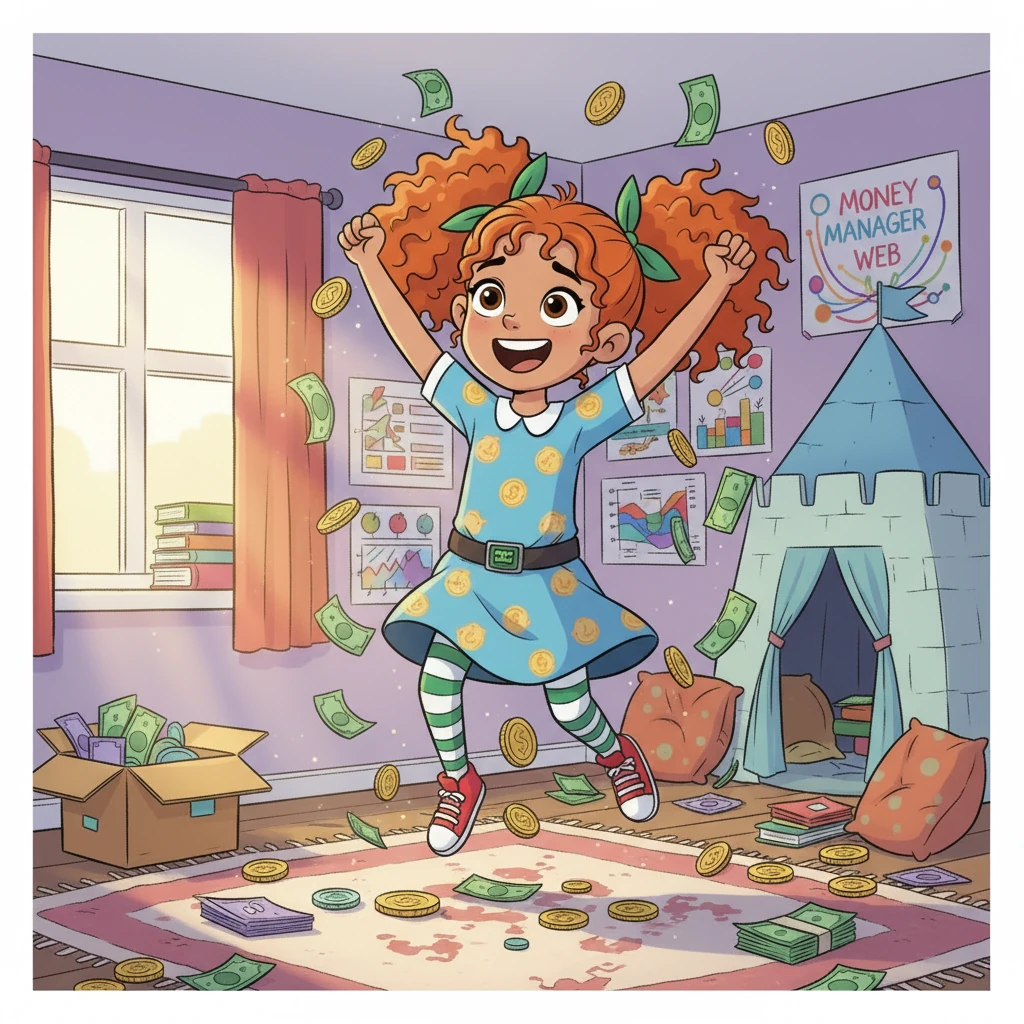 Penny smiled, feeling a wonderful sense of control and understanding. Her money was no longer a tangled mess, but a neat, organized picture. Thanks to the Money Manager Web, Penny Smart was now a super smart money manager, ready for any adventure!