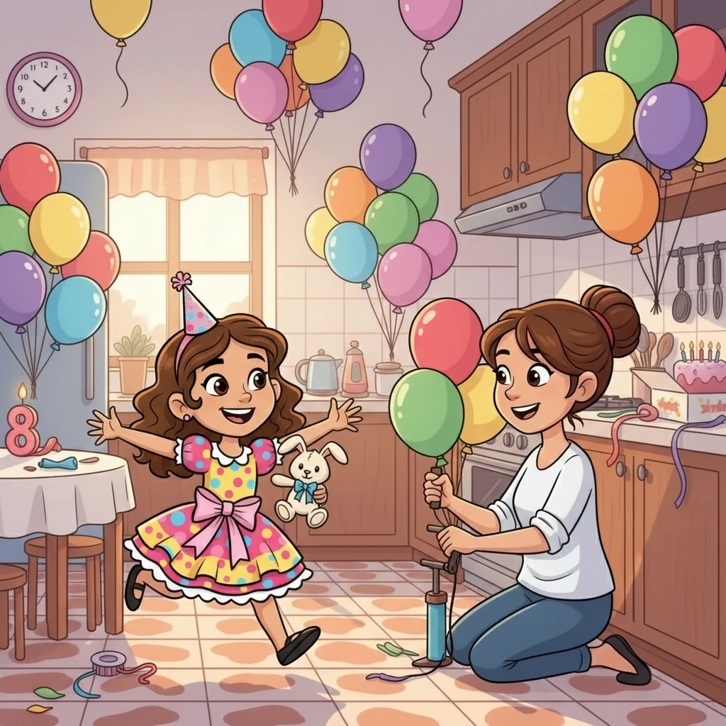 Sofi se despertó antes del sol. Hoy era su cumpleaños y la emoción la hizo correr a la cocina. Allí, su Mamá inflaba globos de todos los colores. "¡Hoy cumples ocho años, mi amor!" exclamó Mamá.