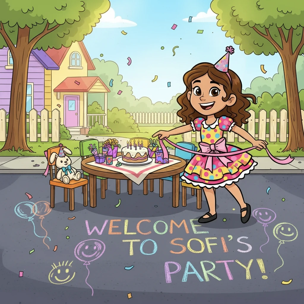Sofi, imaginando risas y música, giró emocionada. Preparó la mesa, ató cintas a las sillas e incluso dibujó con tiza en la calle: "¡Bienvenidos a la fiesta de Sofi!" La alegría la inundaba, esperando a sus amigos.