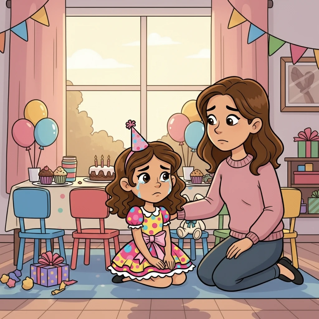 Mamá se arrodilló junto a ella. "Tal vez se retrasaron, mi vida", dijo. Pero los ojos de Sofi estaban llenos de una silenciosa lluvia. "¿Nadie quiere venir a mi fiesta?"
